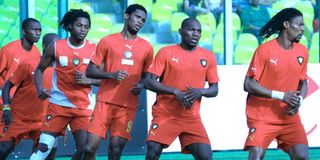 Cameroon's Rigobert Song leads the Indomitable Lions in training