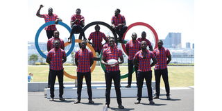 Kenya’s sevens rugby team players model the outfits that Team Kenya will wear at Tokyo Olympic Games opening ceremony