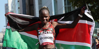 Kenya's Peres Jepchirchir celebrates after winning the women's marathon final