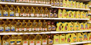 Different brands of cooking oil on sale at Carrefour Mega on Uhuru Highway in June 2020.