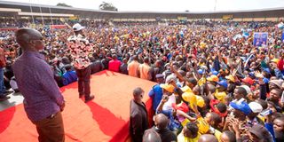 Azimio la Umoja Coalition Flag Bearer Raila Odinga, addressing supporters in Kinoru Stadium, Meru County