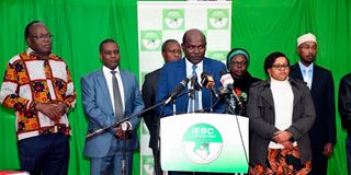 Independent Electoral and Boundaries Commission chairman Wafula Chebukati addresses journalists