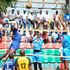 Linus Rotich of Nairobi Prisons spikes as TrailBlazers Jean Claude and Emanuel Melly block 