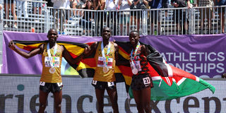 Uganda's Joshua Cheptegei, Jacob Kiplimo and Kenya's Stanley Waithaka