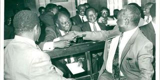 Ford Asili Chairman Kenneth Matiba with Democratic Party Chairman Mwai Kibaki