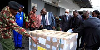 IEBC Chairperson Wafula Chebukati when he received the first batch of ballot papers at JKIA.