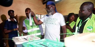 Roots party presidential candidate George Luchiri Wajackoyah voting at Indangalasia Primary School in Kakamega.