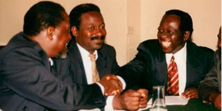 Kijana Wamalwa (right), Raila Odinga (left) and former Kwanza MP George Kapten