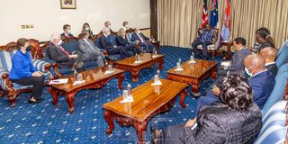 The US delegation led by Senator Chris Coons when they met President Uhuru Kenyatta at State House, Nairobi.