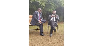 Bungoma senator Moses Wetangula and former Bumula Mp Mwambu Mabonga at Deputy President William Rutos Karen home