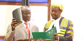 Two term Turkana North MP Christopher Nakuleu being sworn in as the third Speaker of the Turkana County Assembly