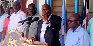 Turkana Governor Jeremiah Lomorukai addressing journalists at the county headquarters in Lodwar