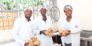 Judy Mugure (right) with her staff at her company's premises in Kinoo.