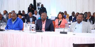 Deputy President Rigathi Gachagua, President William Ruto and Prime Cabinet Secretary Musalia Mudavadi