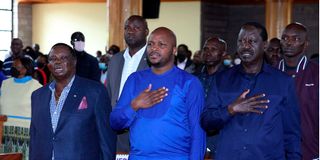 ODM party leader Raila Odinga, Langata MP Phelix Odiwour and nd COTU boss Francis Atwoli