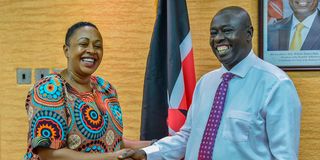 Deputy President Rigathi Gachagua greets nominated MP Sabina Chege