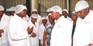 Foreign Affairs Cabinet Secretary Alfred Mutua during a site visit to Kentaste products Limited in Ukunda