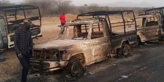 Police vehicles that were set ablaze by bandits at KWS hotspot area in Kainuk, Turkana County on February 15, 2023