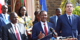 Cabinet Secretary Dr Alfred Mutua (centre), French Trade Minister Olivier Becht and Uasin Gishu Governor Jonathan Bii