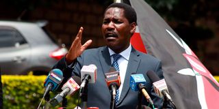 Former Agriculture Cabinet Secretary Peter Munya addressing journalists at Kilimo House, Nairobi in April 2020.