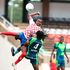 Nzoia Sugar midfielder Hassan Beja (left) vies for the ball with KCB midfielder Michael Mutinda 
