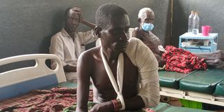 A survivor of a recent bandit attack at Lorogon village in Turkana South Sub County on a hospital bed at Lodwar County