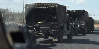 KDF vehicles with artillery launchers in a convoy, on the Emining-Marigat Road in Baringo County on March 13, 2023