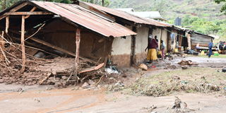 A house that got destroyed by raging floods following a heavy downpour in Kerelwa area in West Pokot county