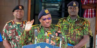The Inspector General of Police Japhet Koome addressing the Media at Jogoo House, Nairobi
