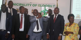 Governor Jonathan Bii receives a report on the proposed elevation of Eldoret town to city status on April 4, 2023