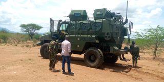 An armored vehicle at Lami Nyeusi in West Pokot county after bandits killed five people early Thursday morning.