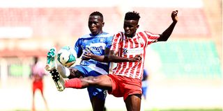 FC Talanta midfielder Ngala Herman (right) vies for the ball with AFC Leopards midfielder Njiite Zacharia