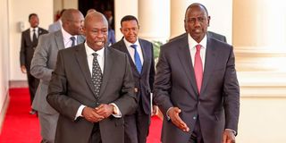 President William Ruto and his deputy Rigathi Gachagua confer after a Cabinet meeting at State House in Nairobi