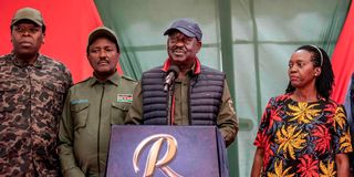 Azimio leaders led by Mr Raila Odinga addressing the media at Jaramogi Oginga Odinga Foundation Press Centre in Upper Hill