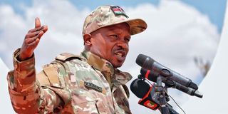 Interior Cabinet Secretary Kithure Kindiki addresses a public baraza in Moyale town in Marsabit County in February.