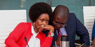 TSC boss Nancy Macharia (left) appears with Legal Director Cavin Anyuor before the Senate Committee on Education