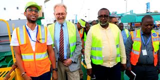 Agriculture Cabinet Secretary Mithika Linturi (second right) with Russian Ambassador to Kenya Dmitry Maksimychev