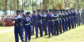 County askaris matching during the Madaraka Day celebrations at Bikeke primary school grounds on June 1, 2023.