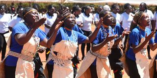 Kalya Dancers from Uasin Gishu County entertain guests during Madaraka Day celebrations held at Ainabtich Primary School, Moiben