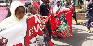 Activists marching towards Parliament Buildings as they protest against the Finance Bill 2023.