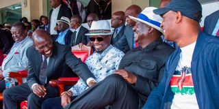 President William Ruto and Azimio leader Raila Odinga at Kipkeino Classic at Moi Sports Center Kasarani