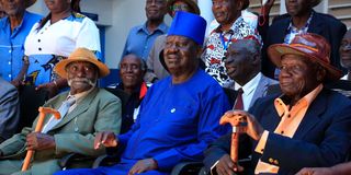 Azimio la Umoja leader Raila Odinga (C) after a meeting with Luo Council of Elders at Mama Grace Onyango Social Hall