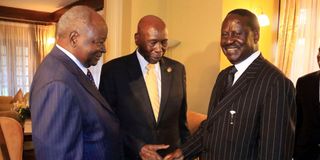 L-R: Mwai Kibaki, Daniel Moi and former PM Raila Odinga.