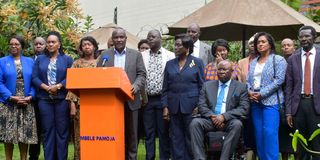 ODM chair John Mbadi addresses journalists accompanied by other ODM leaders