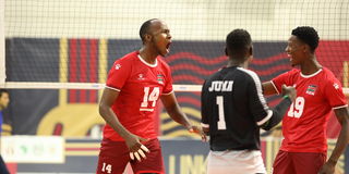 Wafalme Stars captain Enock Mogeni (left) celebrates a point with teammates