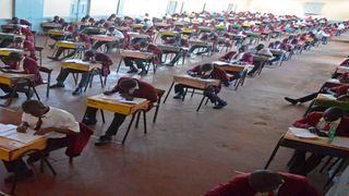Candidates sitting for the mathematics examination at Kisumu Boys High School