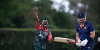 Kongonis Cricket Club's Emmanuel Bundi celebrates bowl out