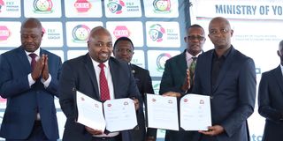 KBC Acting Managing Director Samuel Maina and FKF President Nick Mwendwa
