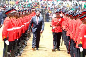 President Dr William Ruto inspects a guard of honour during the Mashuja Day celebrations
