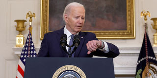 US President Joe Biden delivers remarks on the Middle East in the State Dining room at the White House